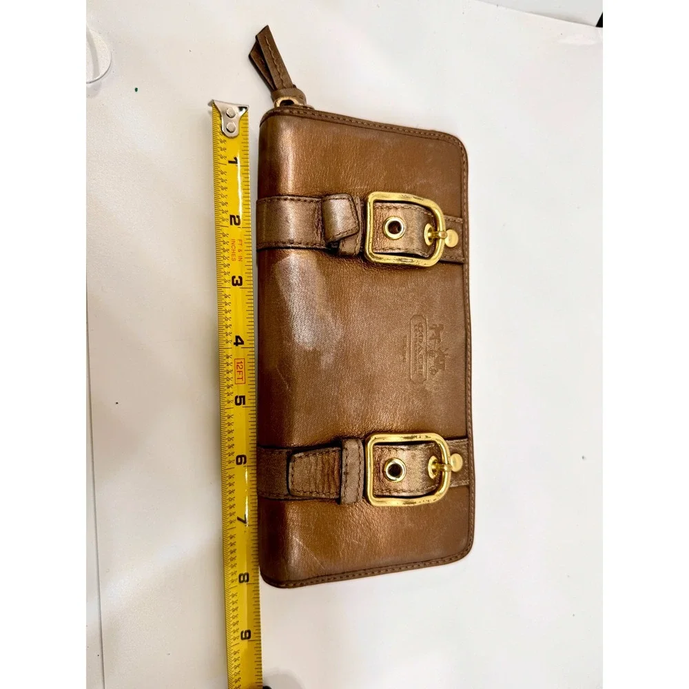 Coach Metallic Bronze Leather Zip Around Buckle Wallet Vintage Y2K Brass Logo